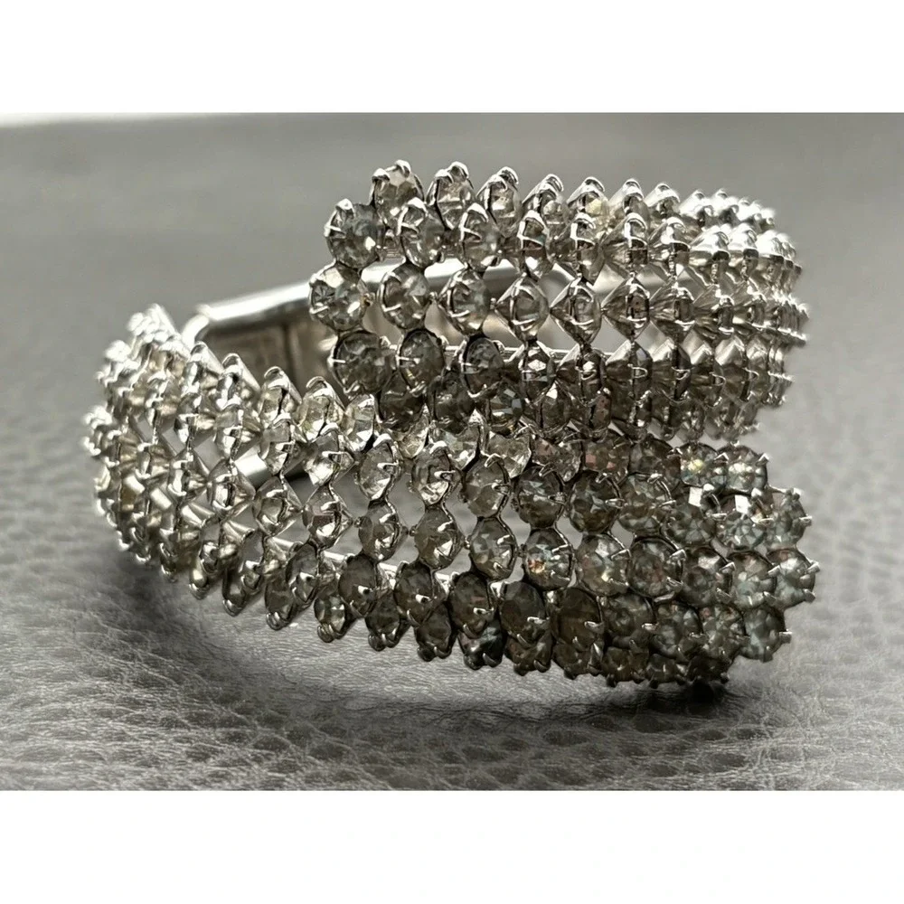 Clear Rhinestone Encrusted Bangle Bracelet Prong Set Clamper Style 6